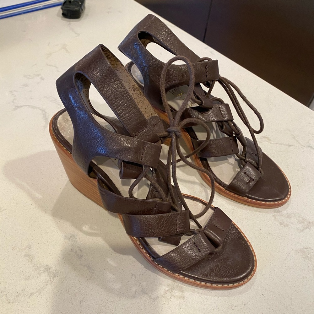 Brown leather Solsana tie up sandals. Size 7.